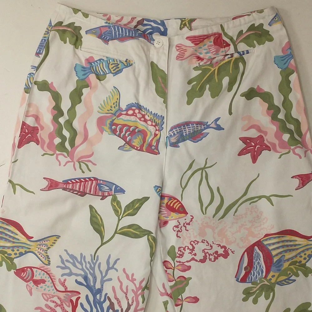 Tropical Fish in Coral Vintage 90s Cotton Pants Pastel On White w Stretch SeeMes - Picture 2 of 12